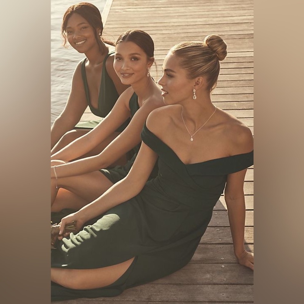 Davids Bridal stretch crepe off-the-shoulder bridesmaid dress in juniper green